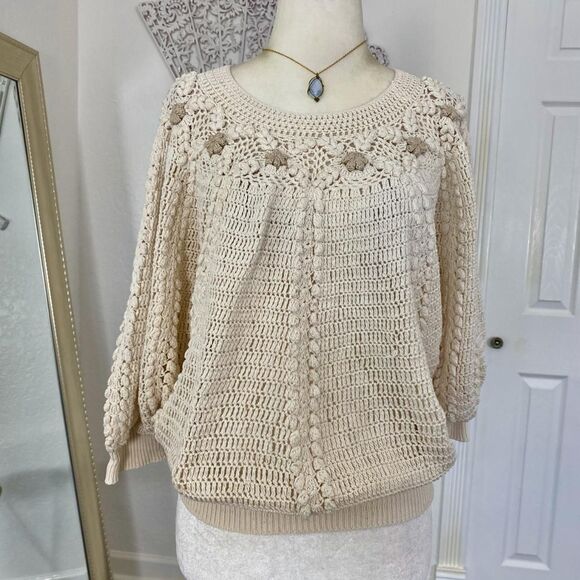 Boho Coquette Knit Cream White Boho Flower Crochet Bat Sleeve Boxy Top One Size - Picture 2 of 7